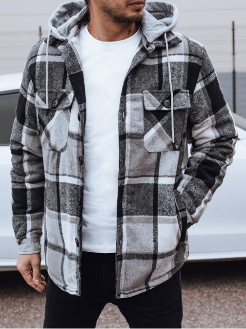 Szürke kockás férfi kabát kapucnival