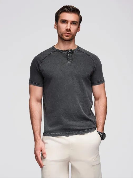 Fekete póló mosott mintával a gombokon V1 TSWT-0150