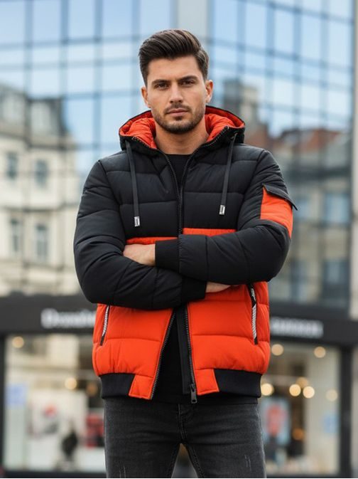 Férfi télikabát kapucnival fekete és narancssárga színben