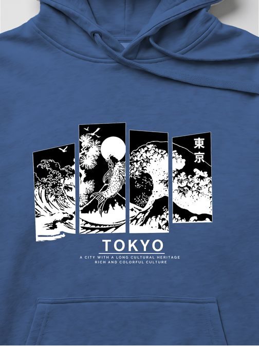 Kék kapucnis pulóver „Tokyo” felirattal