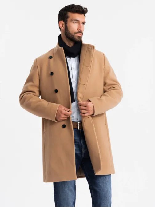 Modern világosbarna kabát magas gallérral V4 COWC-0120