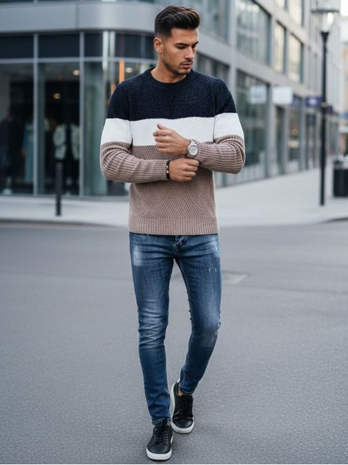 Férfi háromszínű csíkos pulóver