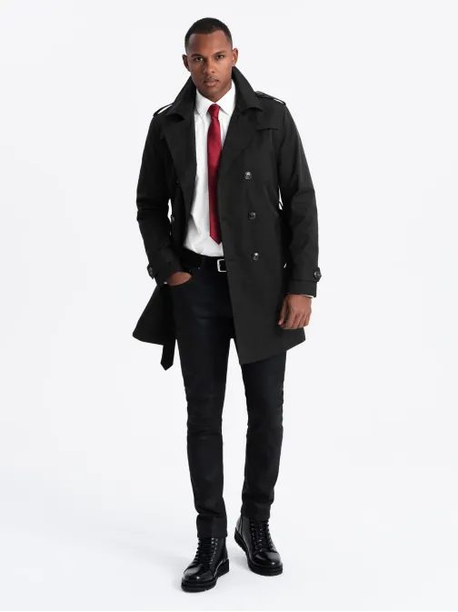 Modern fekete férfi trench kabát V2 COSC-0126