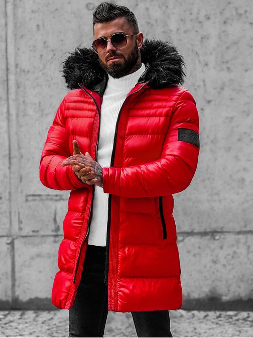Stílusos piros kabát szőrmés gallérral  O/M801Z