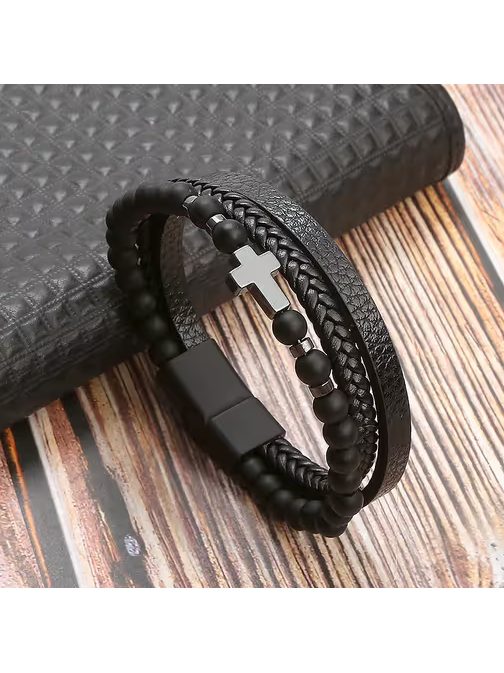 Fekete férfi karkötő kereszttel