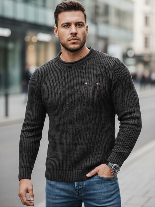 Sötét szürke kötött pulóver divatos lyukakkal