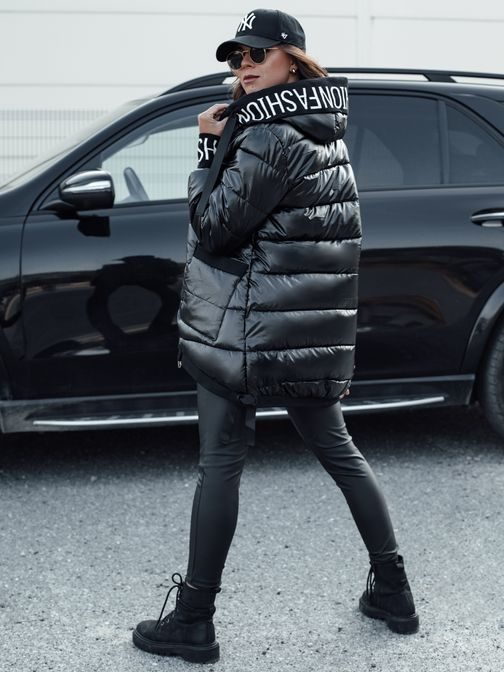 Női fekete kapucnis  steppelt kabát Fashion Chic