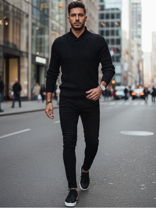 Divatos gyapjú pulóver télre fekete színben