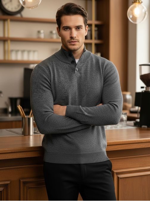 Stílusos férfi szürke pulóver gombokkal