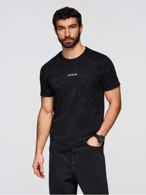 Férfi fekete póló virágmintával és V1 felirattal TSPT-0263