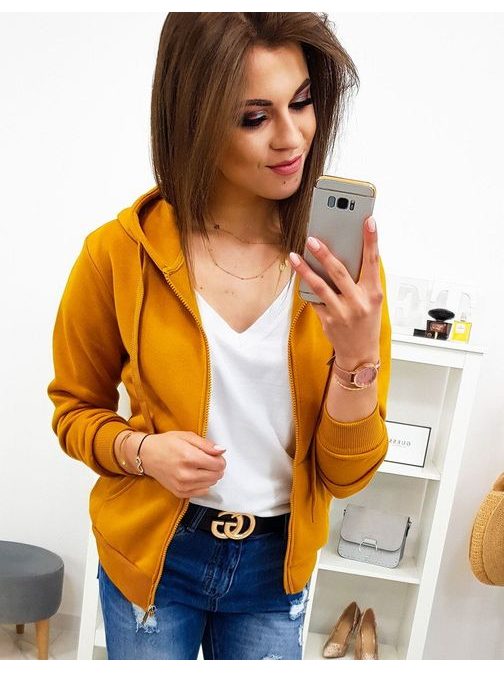 Kamel színű női kapucnis pulóver cipzárral