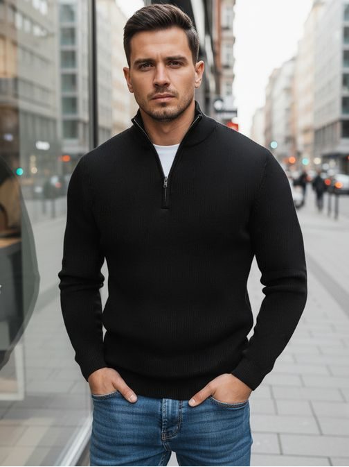 Vonzó fekete pulóver rövid cipzárral