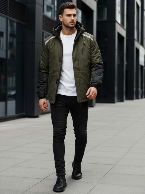 Téli zöld kabát fényvisszaverő elemekkel