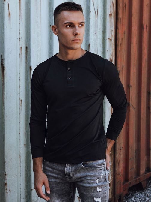 Trendi fekete hosszú ujjú pólo gombos rögzítéssel