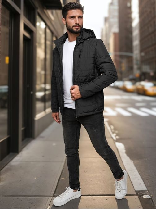 Modern átmeneti fekete kabát kapucnival