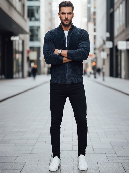 Kék férfi cipzáras pulóver