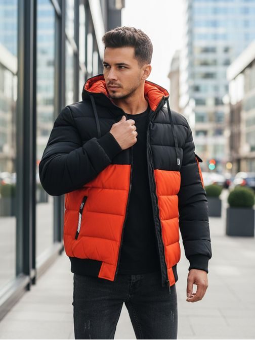 Férfi télikabát kapucnival fekete és narancssárga színben