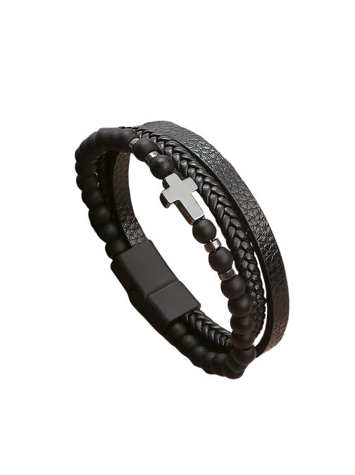 Fekete férfi karkötő kereszttel