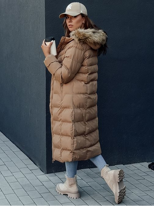 Hosszú sötét bézs női téli steppelt kabát Luxwarm