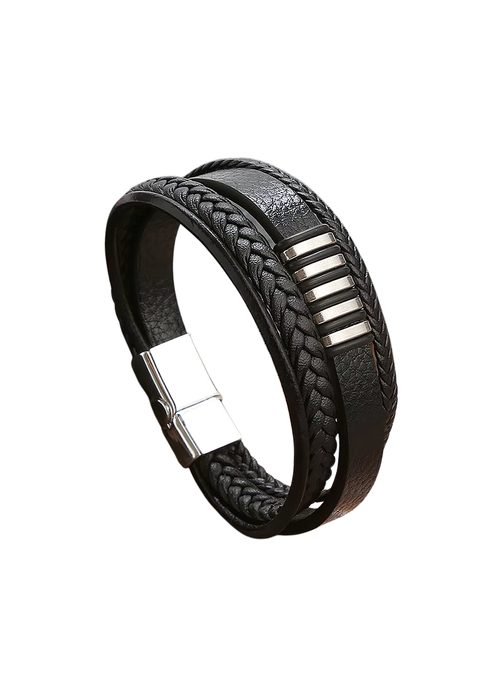 Férfi fekete bőr karkötő fém elemekkel