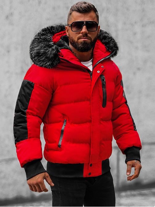 Stílusos piros téli kabát szőrmés gallérral O/M798