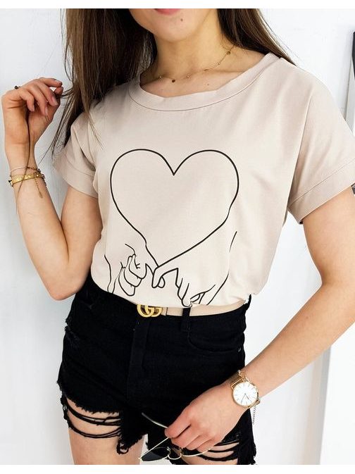 Egyszerű bézs színű női póló Love Hand