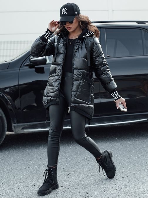 Női fekete kapucnis  steppelt kabát Fashion Chic