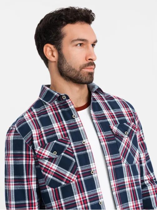 Trendi piros-sötét kék kockás mintás ing SHCS-0137
