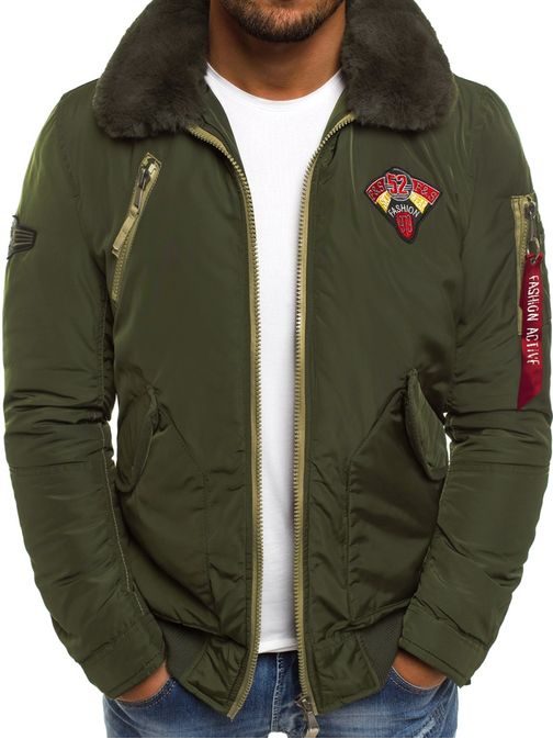 Khaki bomber dzseki szőrmés gallérral X1027K