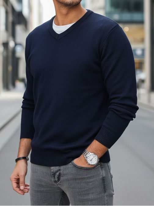 Basic sötétkék férfi v-nyakú pulóver