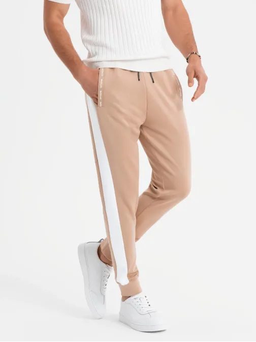 Férfi bézs színű tréningnadrág kontrasztos szegéllyel V4 PASK-0229