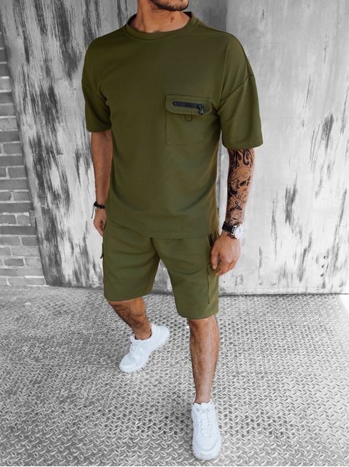 Stílusos khaki színű férfi bermuda szett