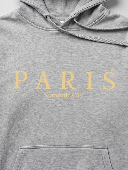 Szürke kapucnis pulóver, „Paris” felirattal