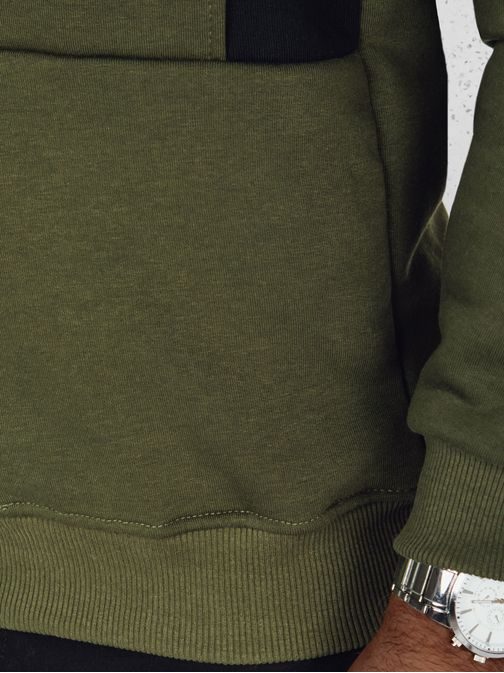 Érdekes khaki pulóver zsebbel és kapucnival