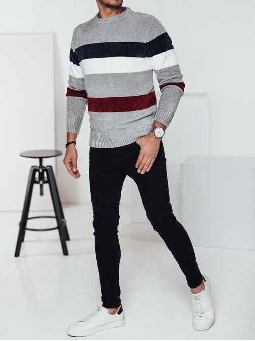 Férfi csíkos pulóver télre szürke