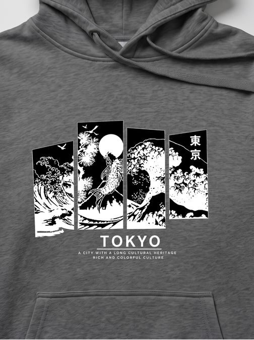 Grafit színű kapucnis pulóver „Tokyo” felirattal