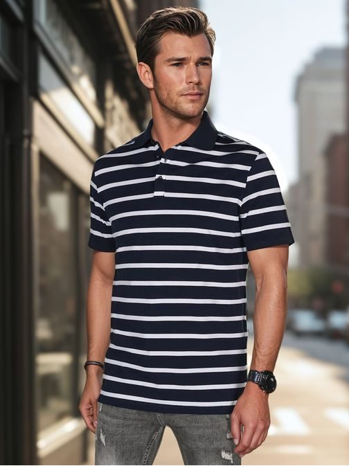 Divatos sötétkék férfi pólóing csíkos mintával