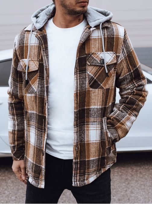 Bézs kockás kabát kapucnival