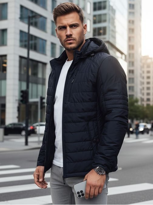 Modern átmeneti sötétkék kabát kapucnival