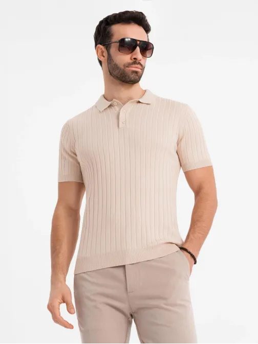 Férfi bézs SLIM FIT csíkos pólóing V2 POSS-0143