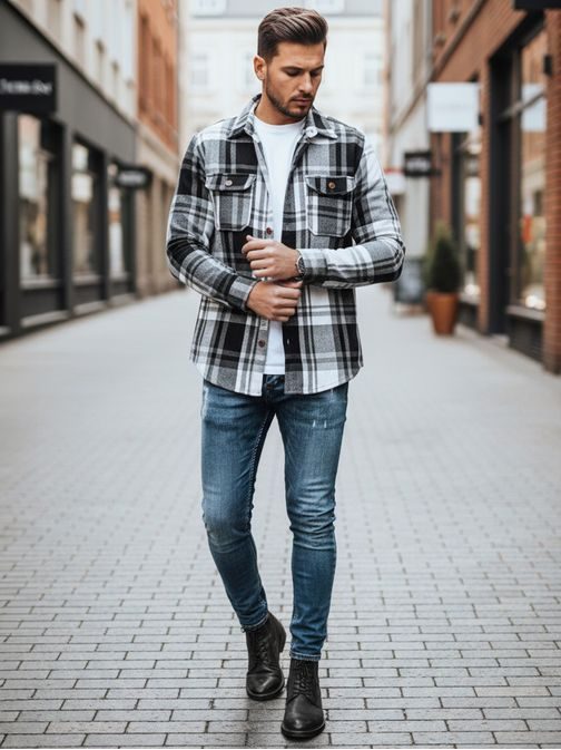 Flanel kockás ing mellzsebekkel fekete és fehér színben