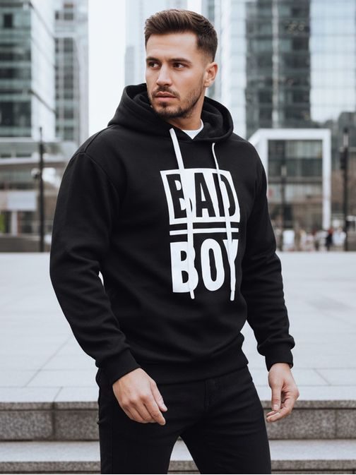 Menő fekete férfi kapucnis pulóver nyomtatással és kapucnival