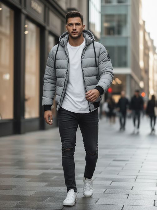 Időtlen szürke téli kabát kapucnival