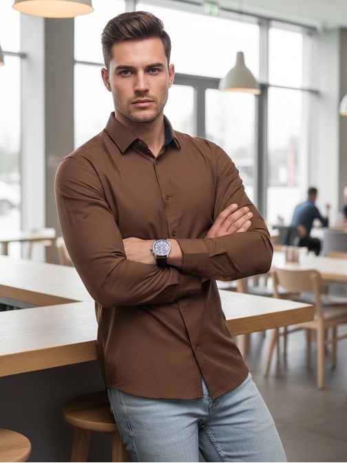 Férfi barna slim fit ing