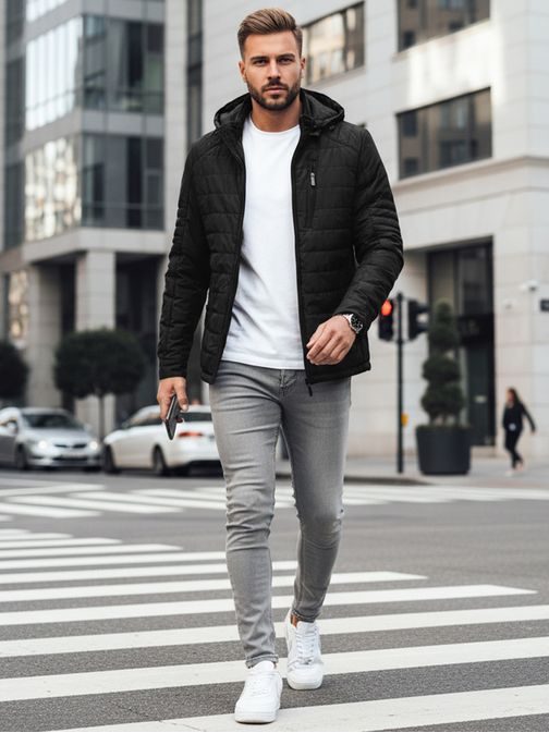 Modern átmeneti fekete kabát kapucnival