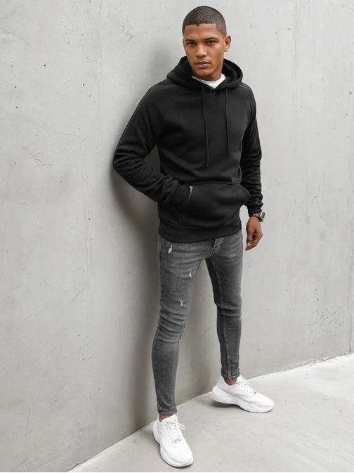 Kényelmes fekete kapucnis pulóver