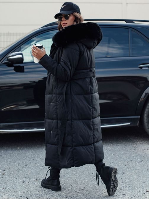 Hosszú női fekete steppelt kabát Glamwarm