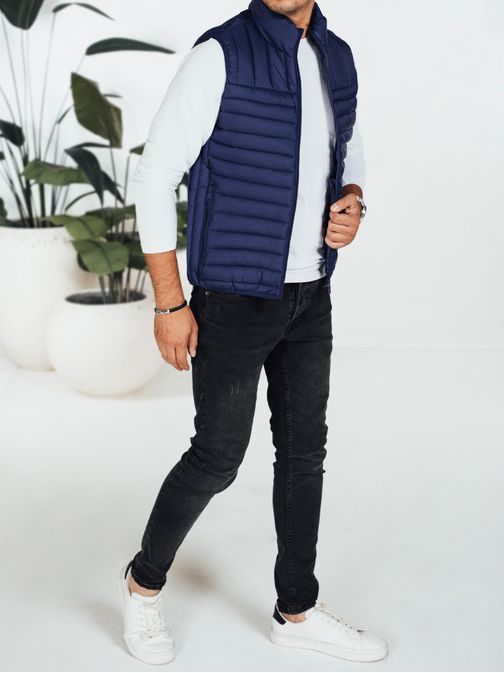 Divatos sötétkék férfi mellény kapucni nélkül