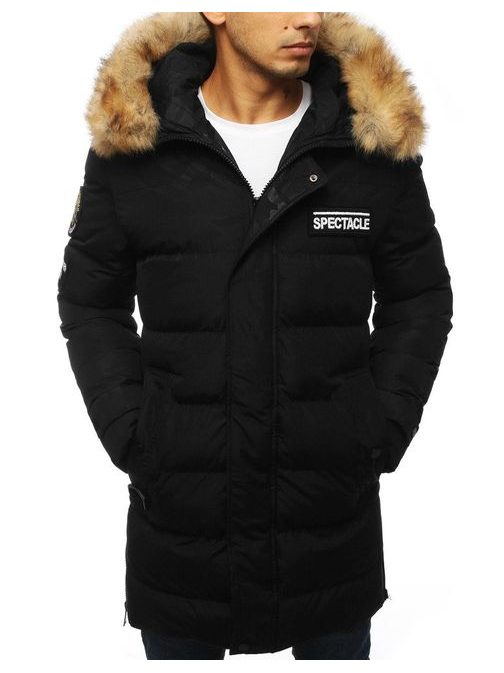 Stílusos fekete téli kabát kapucnival