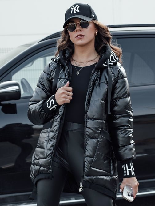Női fekete kapucnis  steppelt kabát Fashion Chic